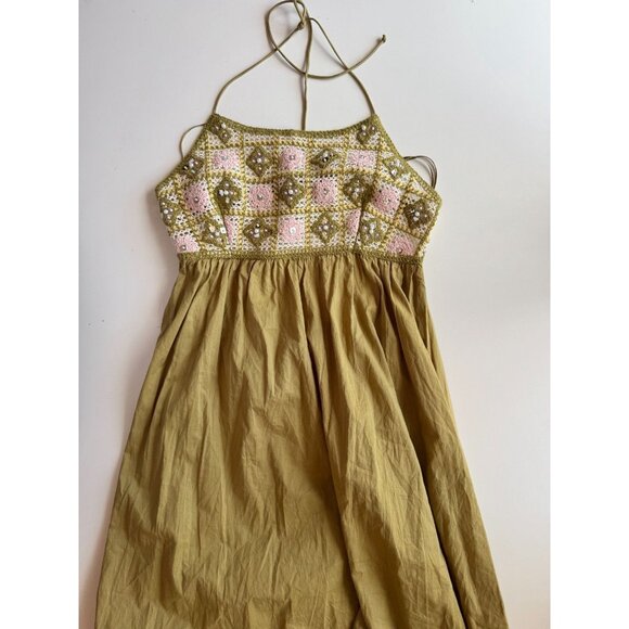 NWT ZARA Olive Green Beaded Cotton Crochet Halter Maxi Dress, Size L - Picture 5 of 16